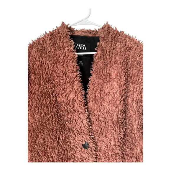 Zara Pink Shearling Fluffy Teddy Coat Jacket collarless one button size medium - Picture 14 of 15